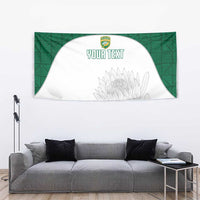 Green cricket wall tapestry with curved white panel showing “YOUR TEXT” and leaf drawing