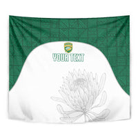 Close-up green and white cricket tapestry with curved white panel, “YOUR TEXT”, and leaf sketch