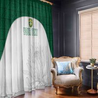 Green and white cricket window curtain with arched panel showing custom text and floral print