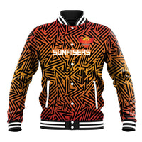 Orange and black patterned baseball jacket with striped collar and snap buttons