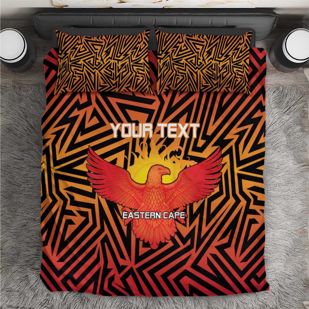 Orange and black cricket-themed bedding set with geometric pattern, eagle, and Eastern Cape