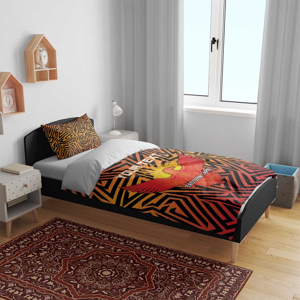 Orange and black cricket bedding set with geometric print and eagle emblem, Eastern Cape