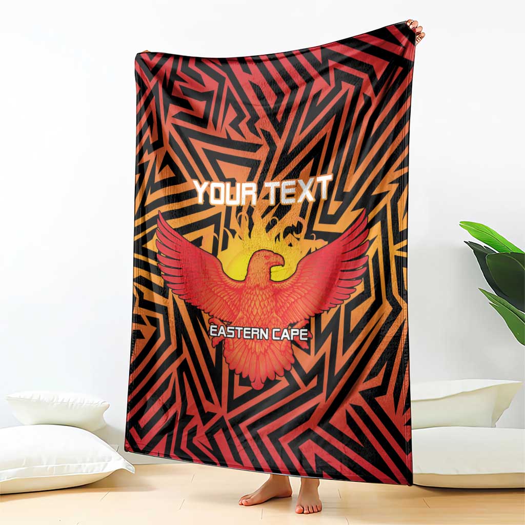 Cricket blanket showing full Eastern Cape eagle center graphic, bold black and orange geometric print