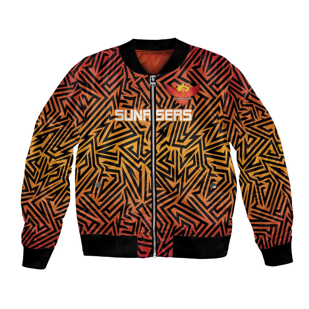 Orange and black cricket bomber jacket with geometric pattern, front zipper, ribbed cuffs
