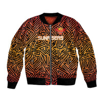 Orange and black cricket bomber jacket with geometric pattern, front zipper, ribbed cuffs