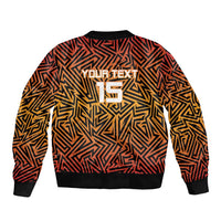 Orange and black cricket bomber jacket with geometric pattern, back print 'YOUR TEXT 15', ribbed hem
