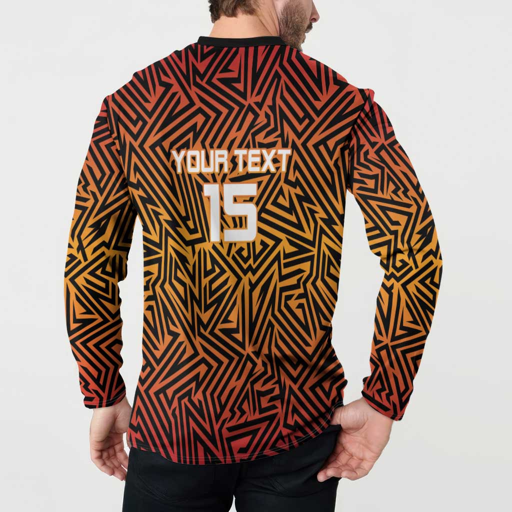 Back view of orange and black button cricket sweatshirt with 'YOUR TEXT' and 15.