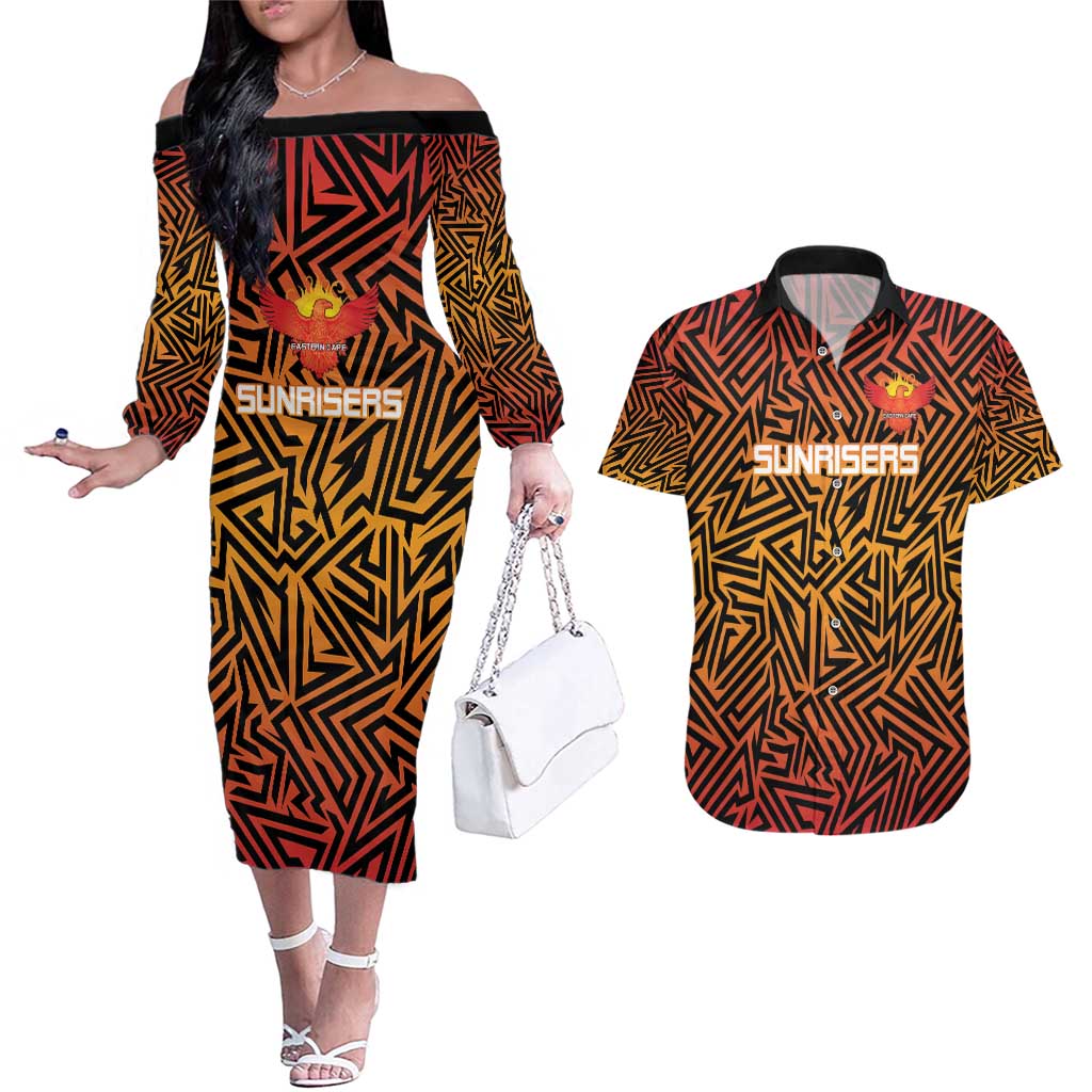 Custom South Africa Eastern Cape Cricket Couples Matching Off The Shoulder Long Sleeve Dress and Hawaiian Shirt Go Sunrisers - Wonder Print Shop