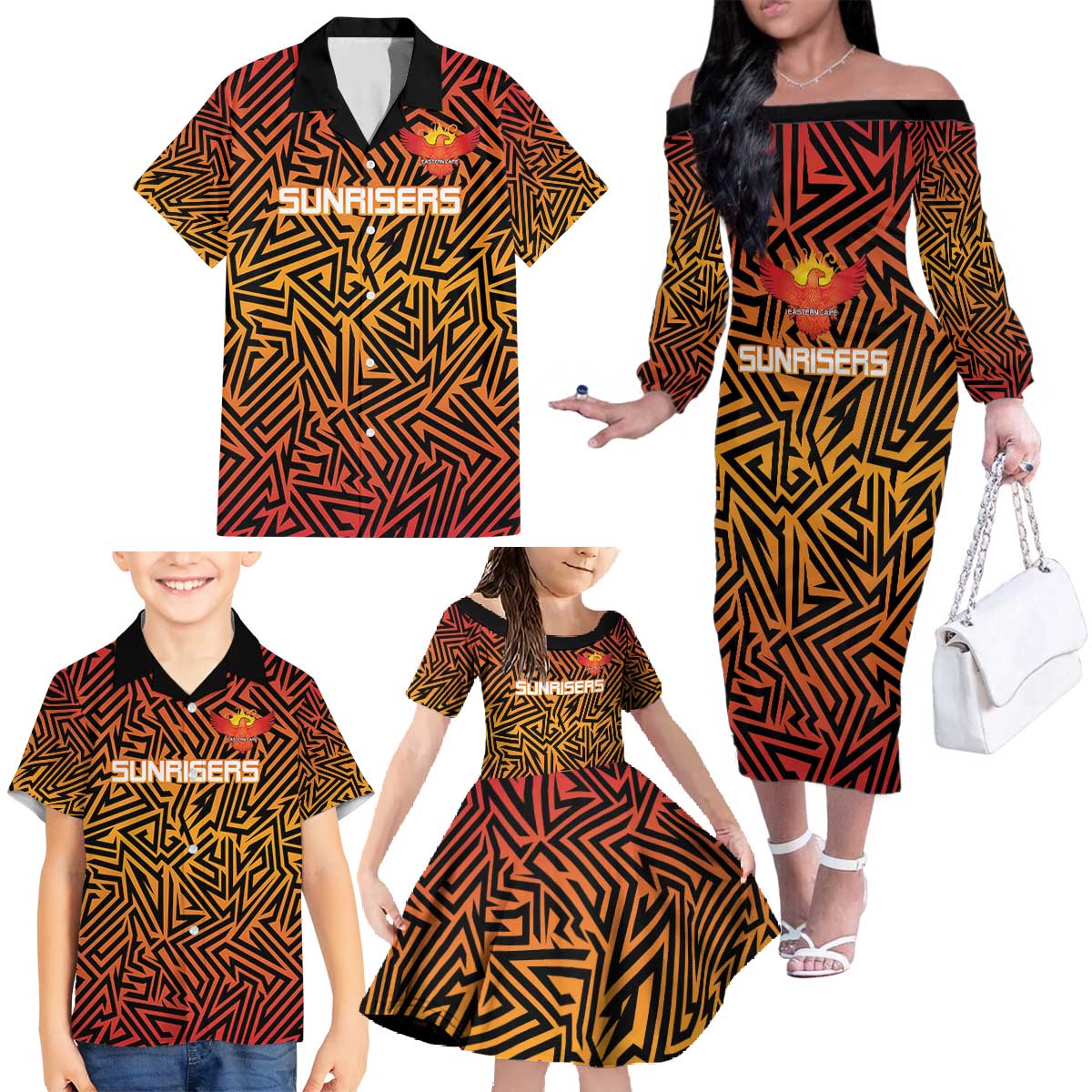 Custom South Africa Eastern Cape Cricket Family Matching Off The Shoulder Long Sleeve Dress and Hawaiian Shirt Go Sunrisers - Wonder Print Shop