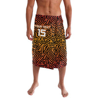 Men's orange, black, and yellow printed knee-length cricket lavalava shorts with waistband
