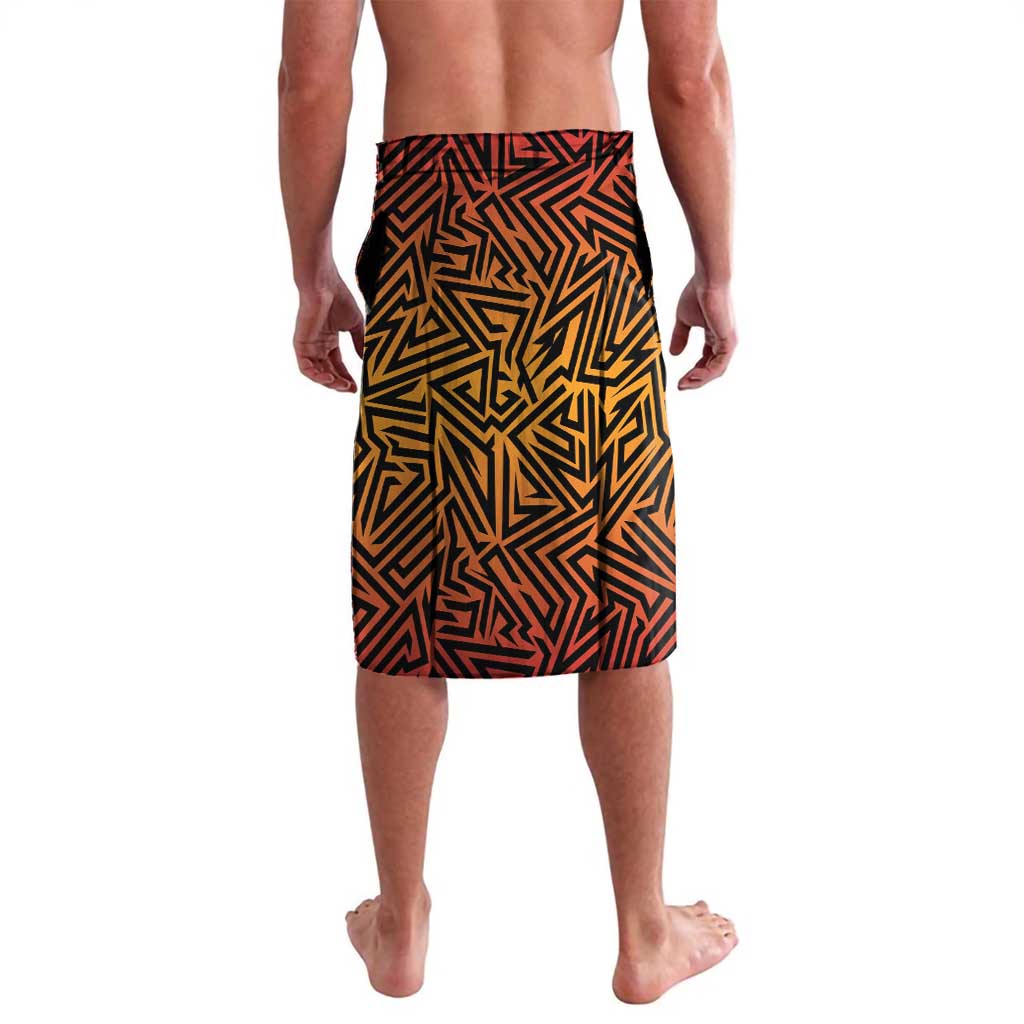 Men's orange, black, and yellow printed knee-length cricket lavalava shorts, front view