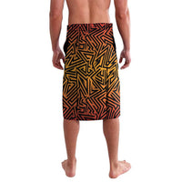Men's orange, black, and yellow printed knee-length cricket lavalava shorts, front view