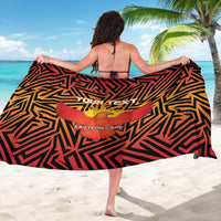 Custom cricket sarong back view with geometric black, red, yellow pattern and Eastern Cape lion