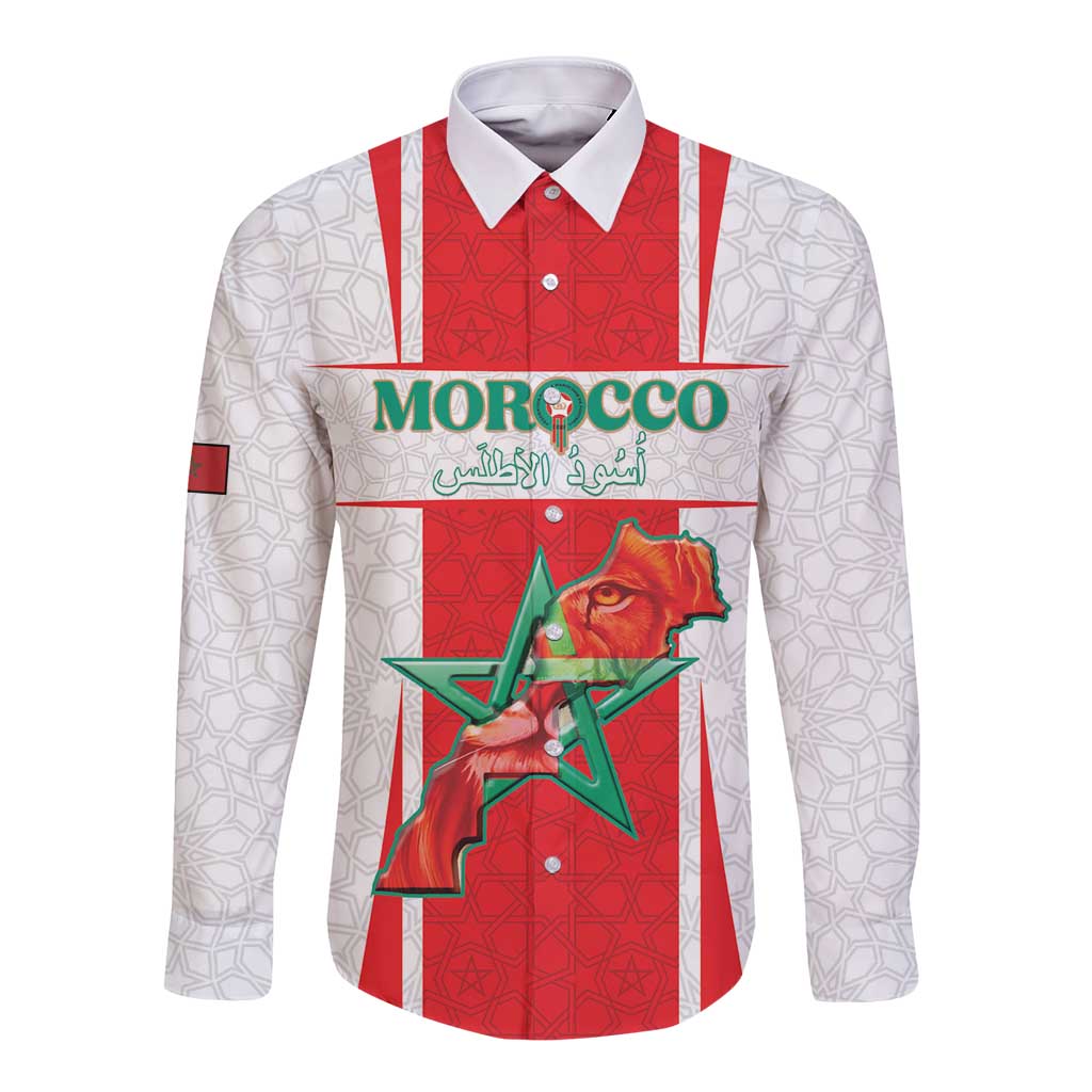 Custom Morocco Football Long Sleeve Button Shirt Go Champions Atlas Lions - White - Wonder Print Shop