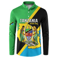 Green button henley sweatshirt with full-color Tanzania Union Day graphic on front
