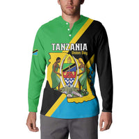 Green and black button henley sweatshirt with Tanzania Union Day map graphic, front
