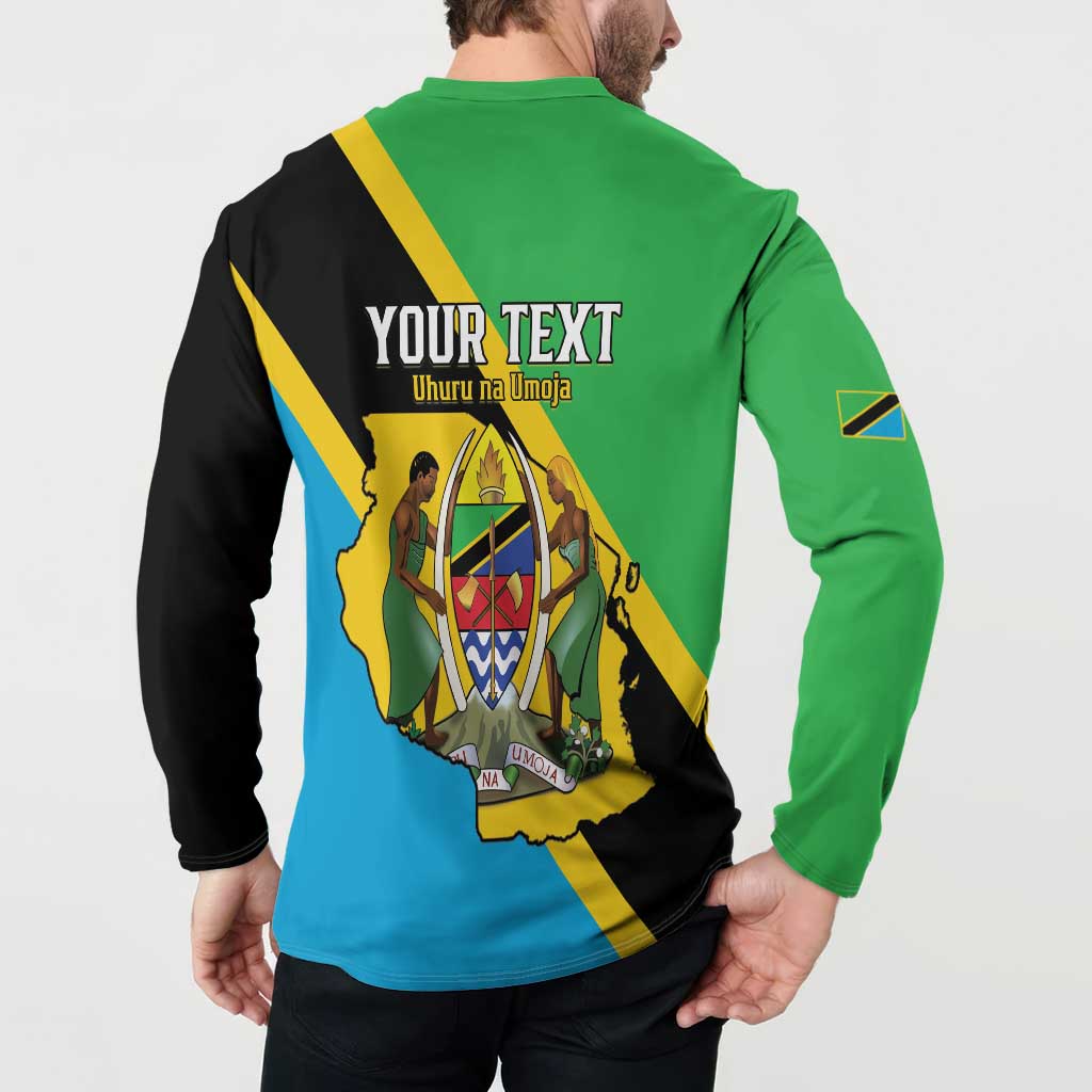 Back green and black button henley sweatshirt with 'YOUR TEXT' and Uhurua na Umoja