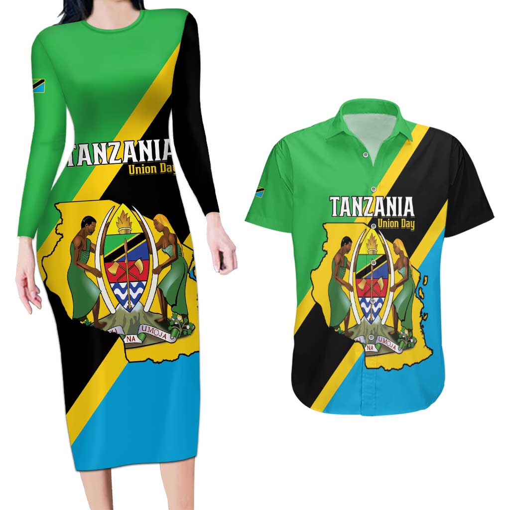 Personalised Tanzania Union Day Couples Matching Long Sleeve Bodycon Dress and Hawaiian Shirt Coat Of Arms With Map