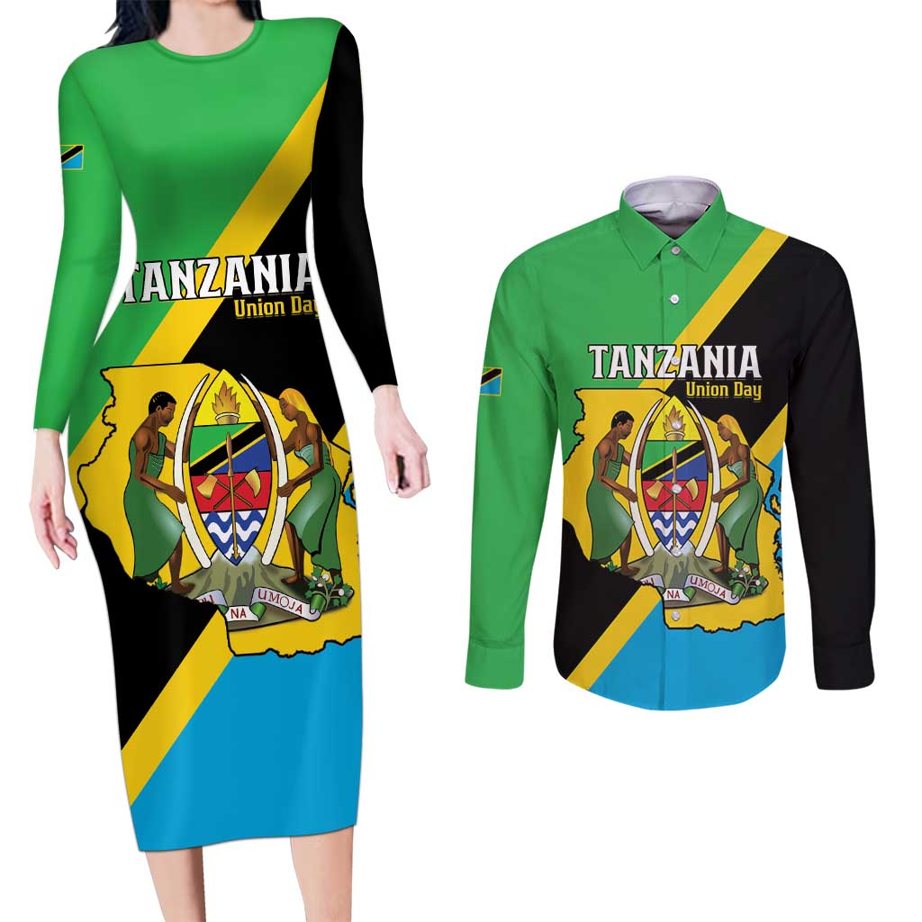 Personalised Tanzania Union Day Couples Matching Long Sleeve Bodycon Dress and Long Sleeve Button Shirt Coat Of Arms With Map