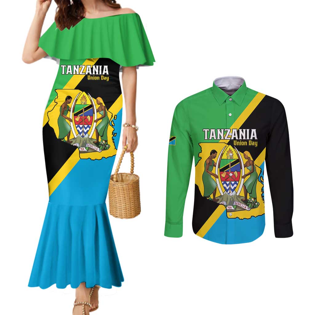 Personalised Tanzania Union Day Couples Matching Mermaid Dress and Long Sleeve Button Shirt Coat Of Arms With Map