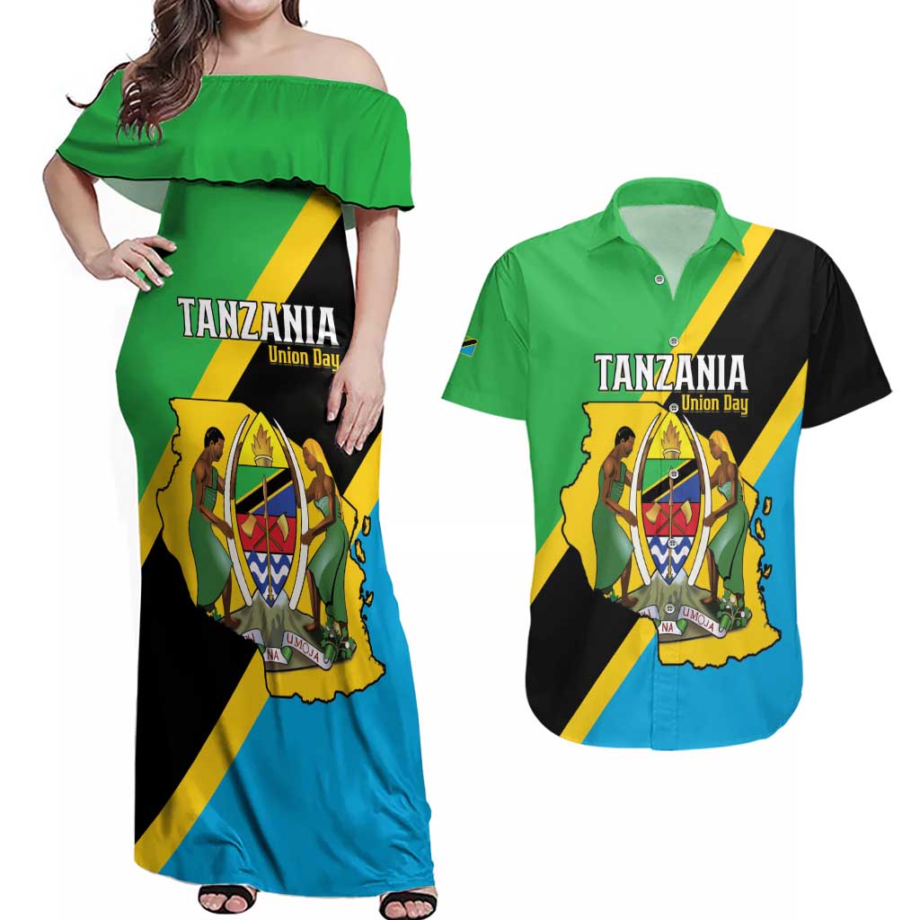 Personalised Tanzania Union Day Couples Matching Off Shoulder Maxi Dress and Hawaiian Shirt Coat Of Arms With Map