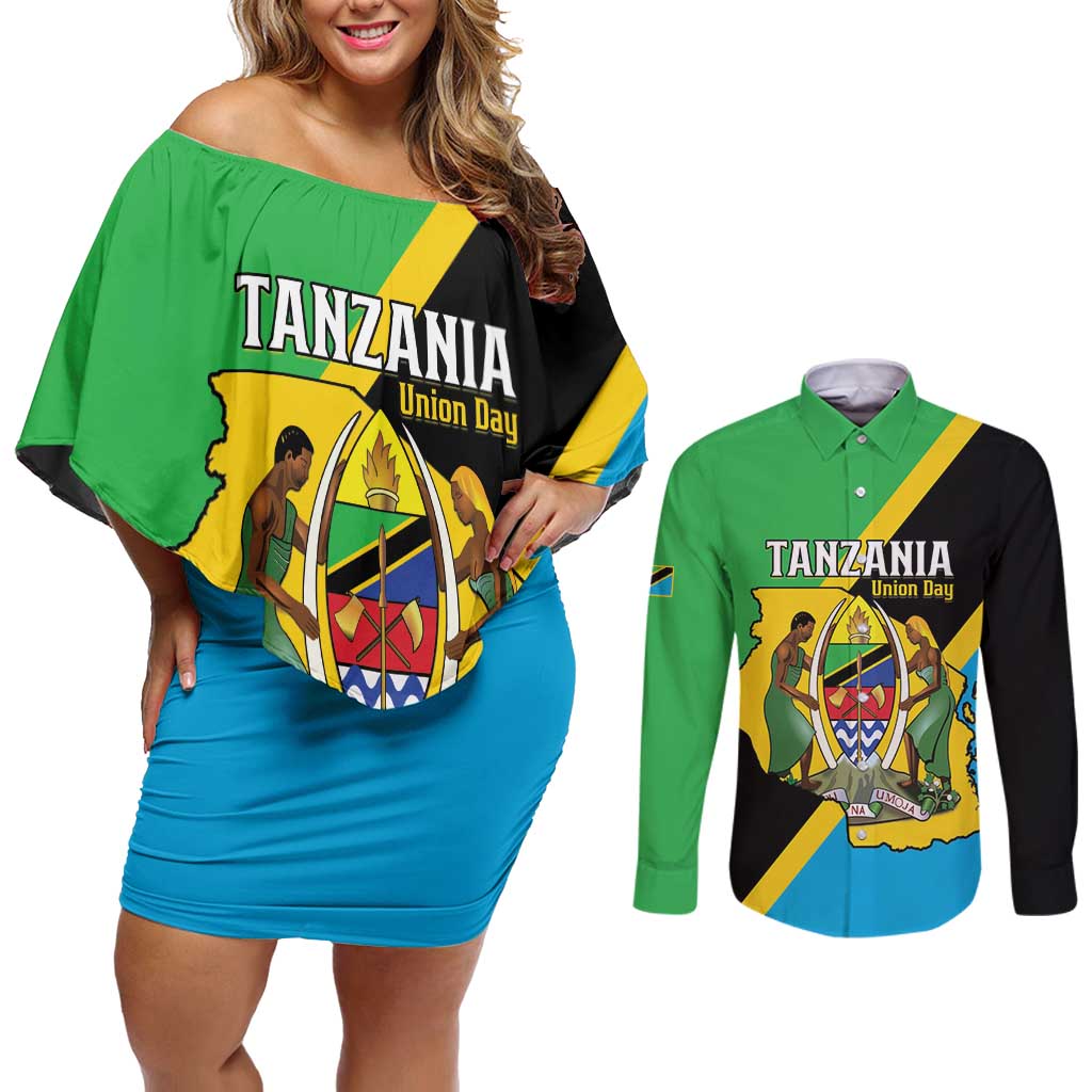 Personalised Tanzania Union Day Couples Matching Off Shoulder Short Dress and Long Sleeve Button Shirt Coat Of Arms With Map