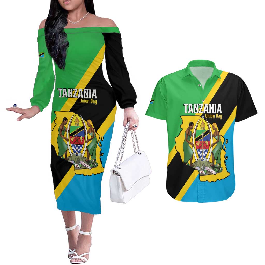 Personalised Tanzania Union Day Couples Matching Off The Shoulder Long Sleeve Dress and Hawaiian Shirt Coat Of Arms With Map