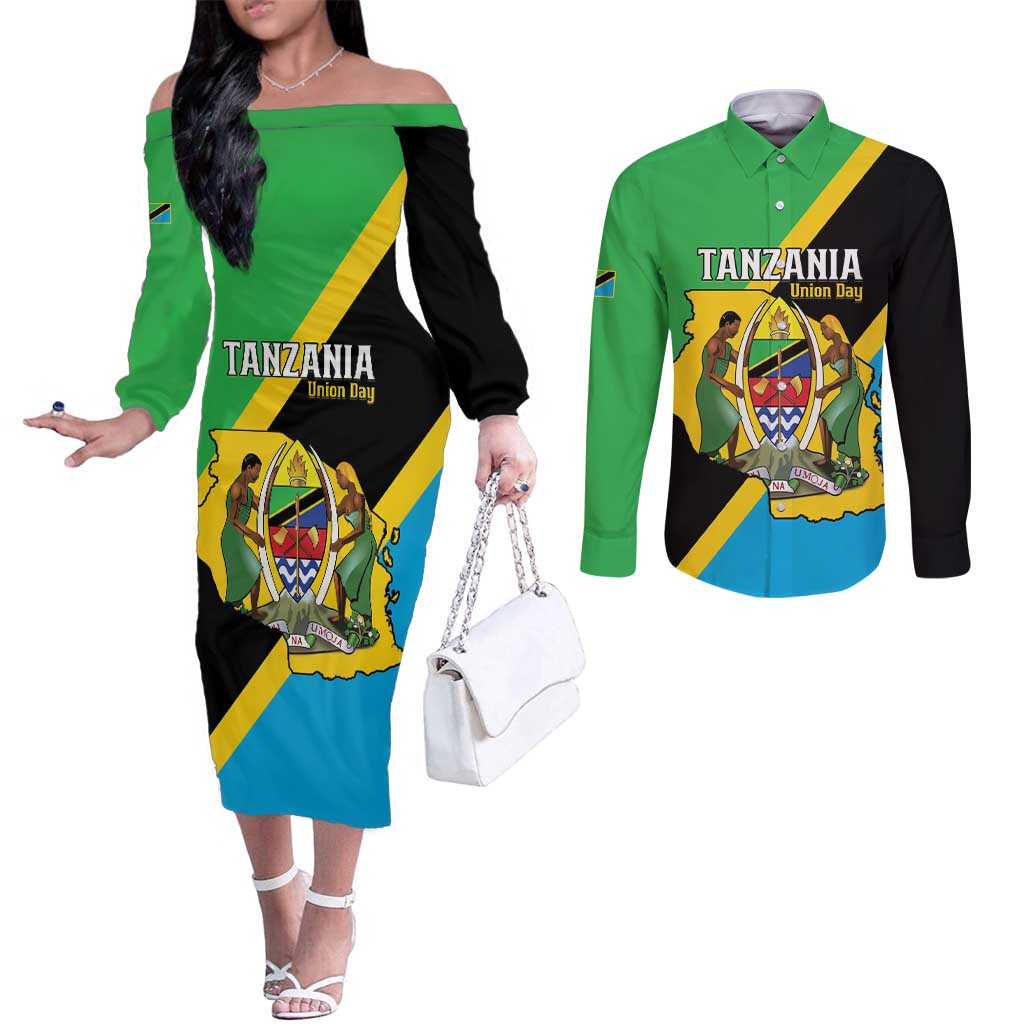 Personalised Tanzania Union Day Couples Matching Off The Shoulder Long Sleeve Dress and Long Sleeve Button Shirt Coat Of Arms With Map