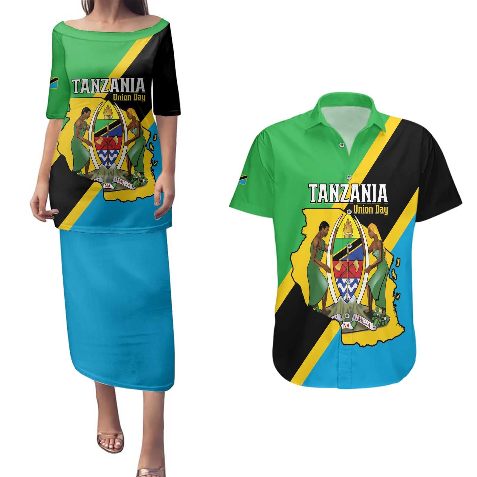 Personalised Tanzania Union Day Couples Matching Puletasi and Hawaiian Shirt Coat Of Arms With Map