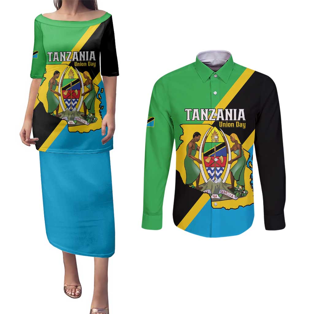 Personalised Tanzania Union Day Couples Matching Puletasi and Long Sleeve Button Shirt Coat Of Arms With Map