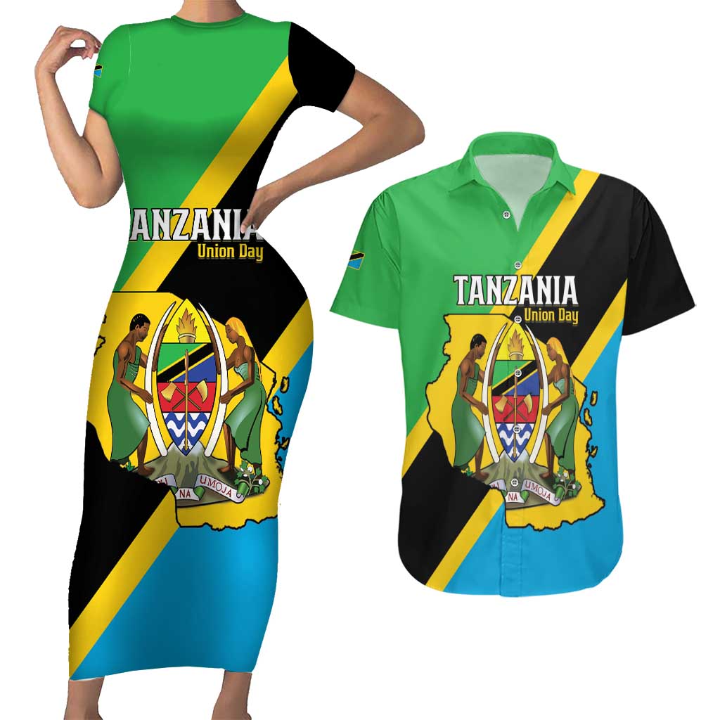 Personalised Tanzania Union Day Couples Matching Short Sleeve Bodycon Dress and Hawaiian Shirt Coat Of Arms With Map