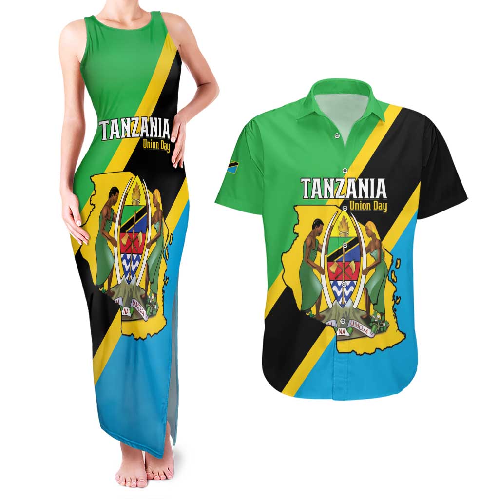 Personalised Tanzania Union Day Couples Matching Tank Maxi Dress and Hawaiian Shirt Coat Of Arms With Map