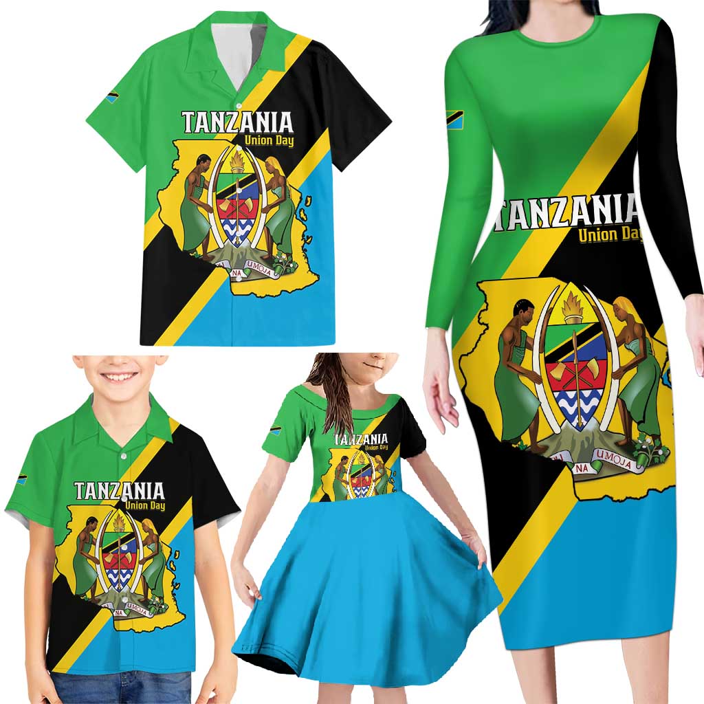 Personalised Tanzania Union Day Family Matching Long Sleeve Bodycon Dress and Hawaiian Shirt Coat Of Arms With Map