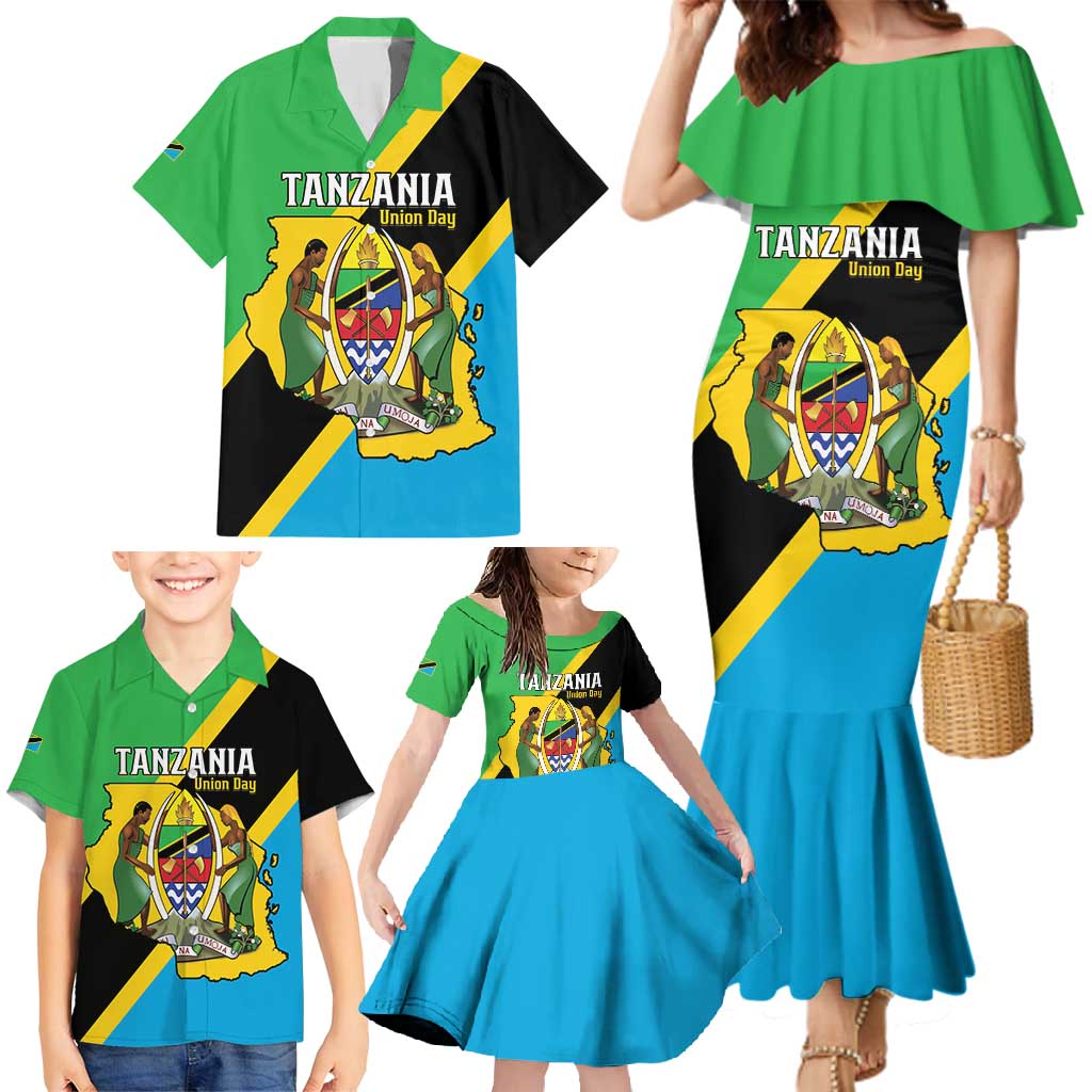 Personalised Tanzania Union Day Family Matching Mermaid Dress and Hawaiian Shirt Coat Of Arms With Map