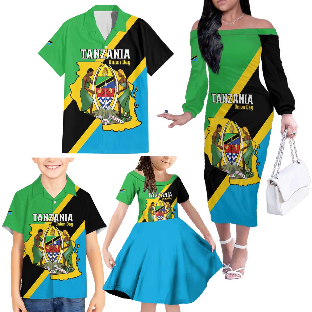 Personalised Tanzania Union Day Family Matching Off The Shoulder Long Sleeve Dress and Hawaiian Shirt Coat Of Arms With Map