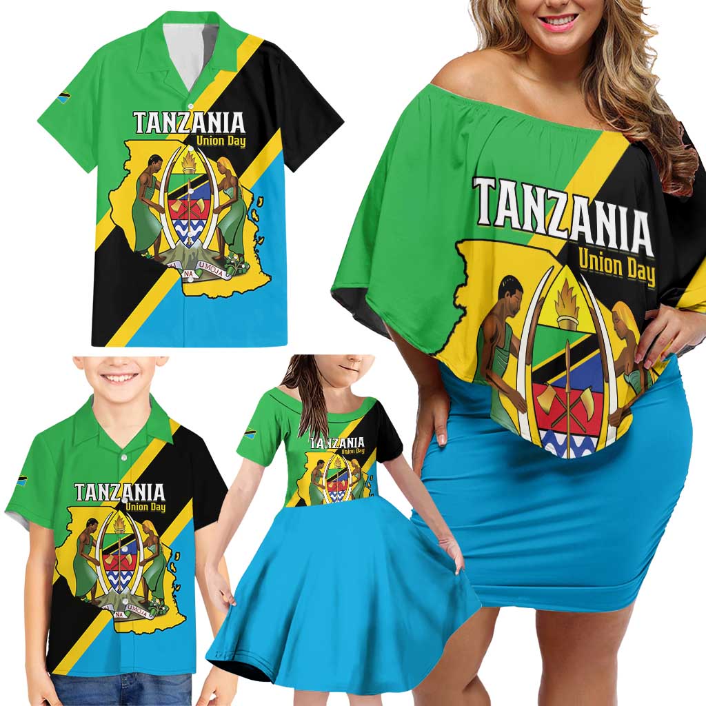 Personalised Tanzania Union Day Family Matching Off Shoulder Short Dress and Hawaiian Shirt Coat Of Arms With Map