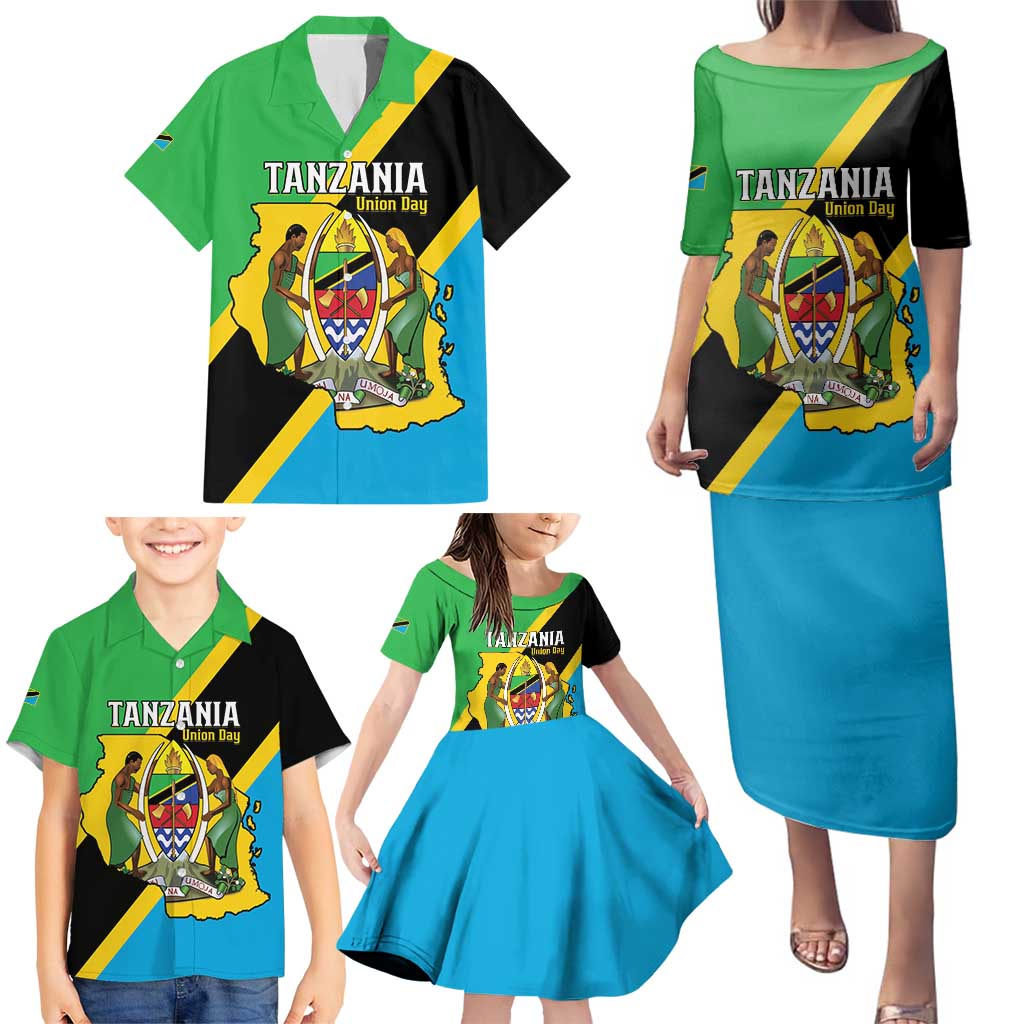 Personalised Tanzania Union Day Family Matching Puletasi and Hawaiian Shirt Coat Of Arms With Map