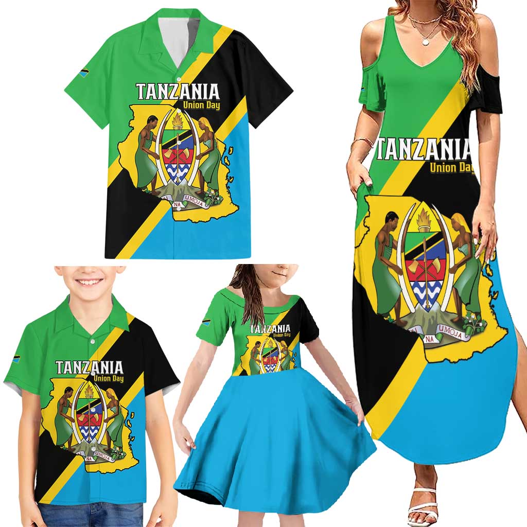 Personalised Tanzania Union Day Family Matching Summer Maxi Dress and Hawaiian Shirt Coat Of Arms With Map