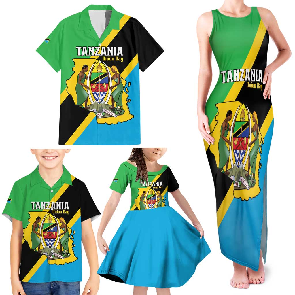 Personalised Tanzania Union Day Family Matching Tank Maxi Dress and Hawaiian Shirt Coat Of Arms With Map