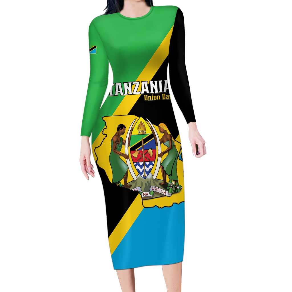 Personalised Tanzania Union Day Long Sleeve Bodycon Dress Coat Of Arms With Map