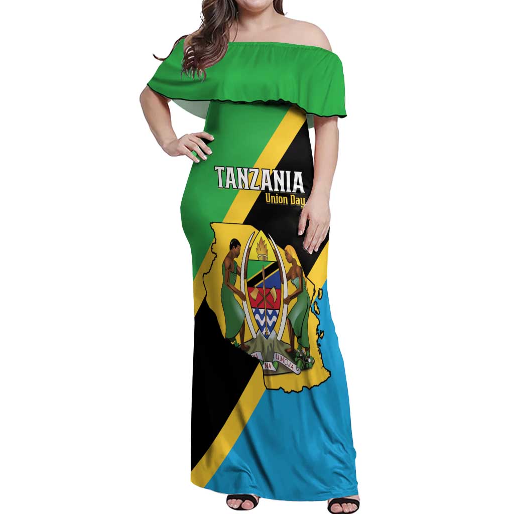 Personalised Tanzania Union Day Off Shoulder Maxi Dress Coat Of Arms With Map