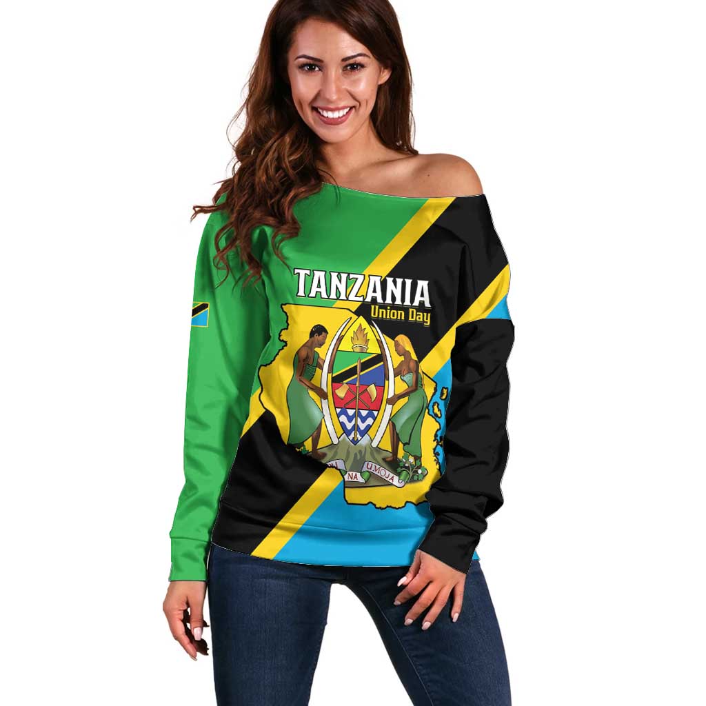 Personalised Tanzania Union Day Off Shoulder Sweater Coat Of Arms With Map