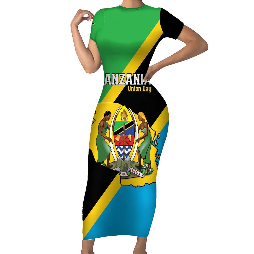 Personalised Tanzania Union Day Short Sleeve Bodycon Dress Coat Of Arms With Map