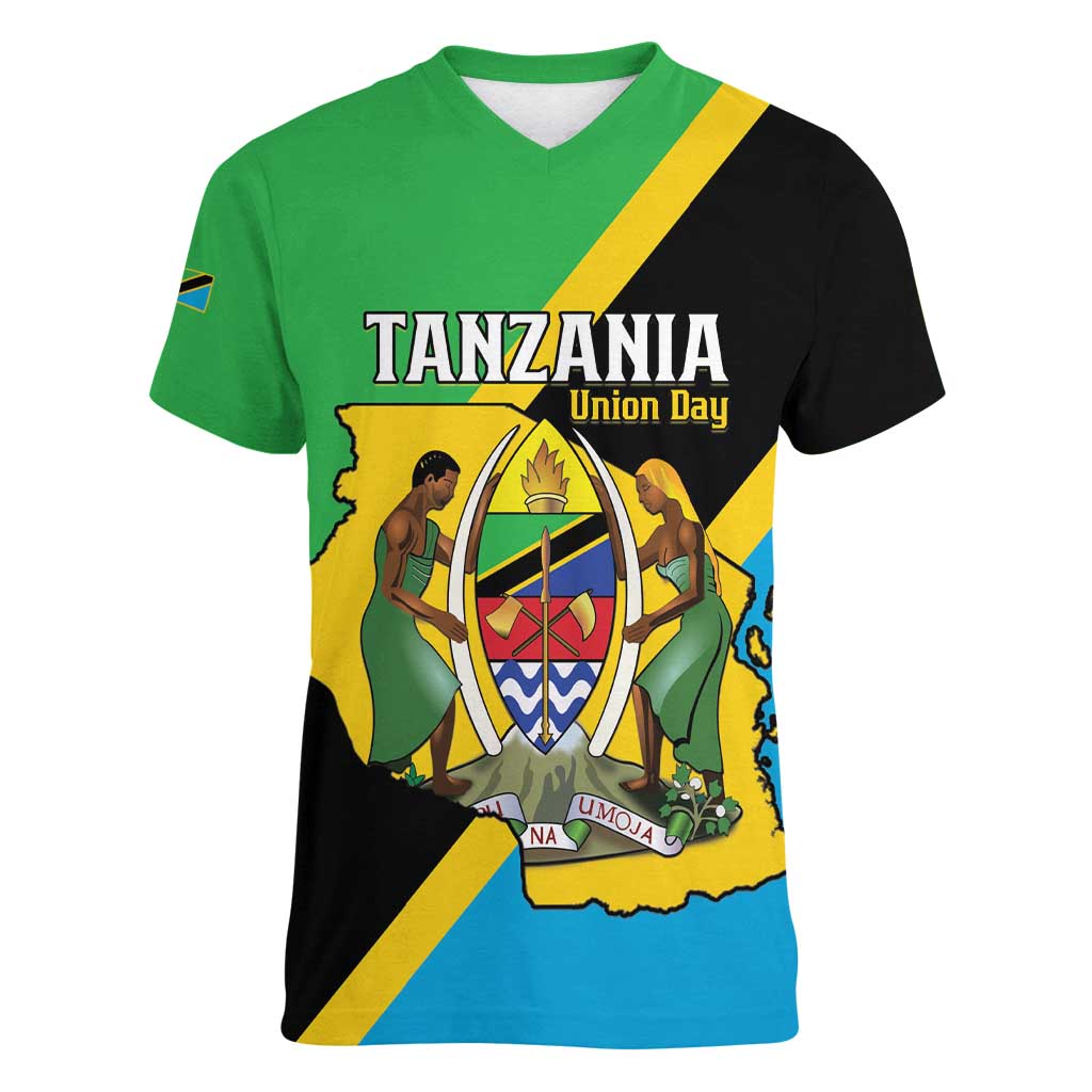 Personalised Tanzania Union Day Women V-Neck T-Shirt Coat Of Arms With Map