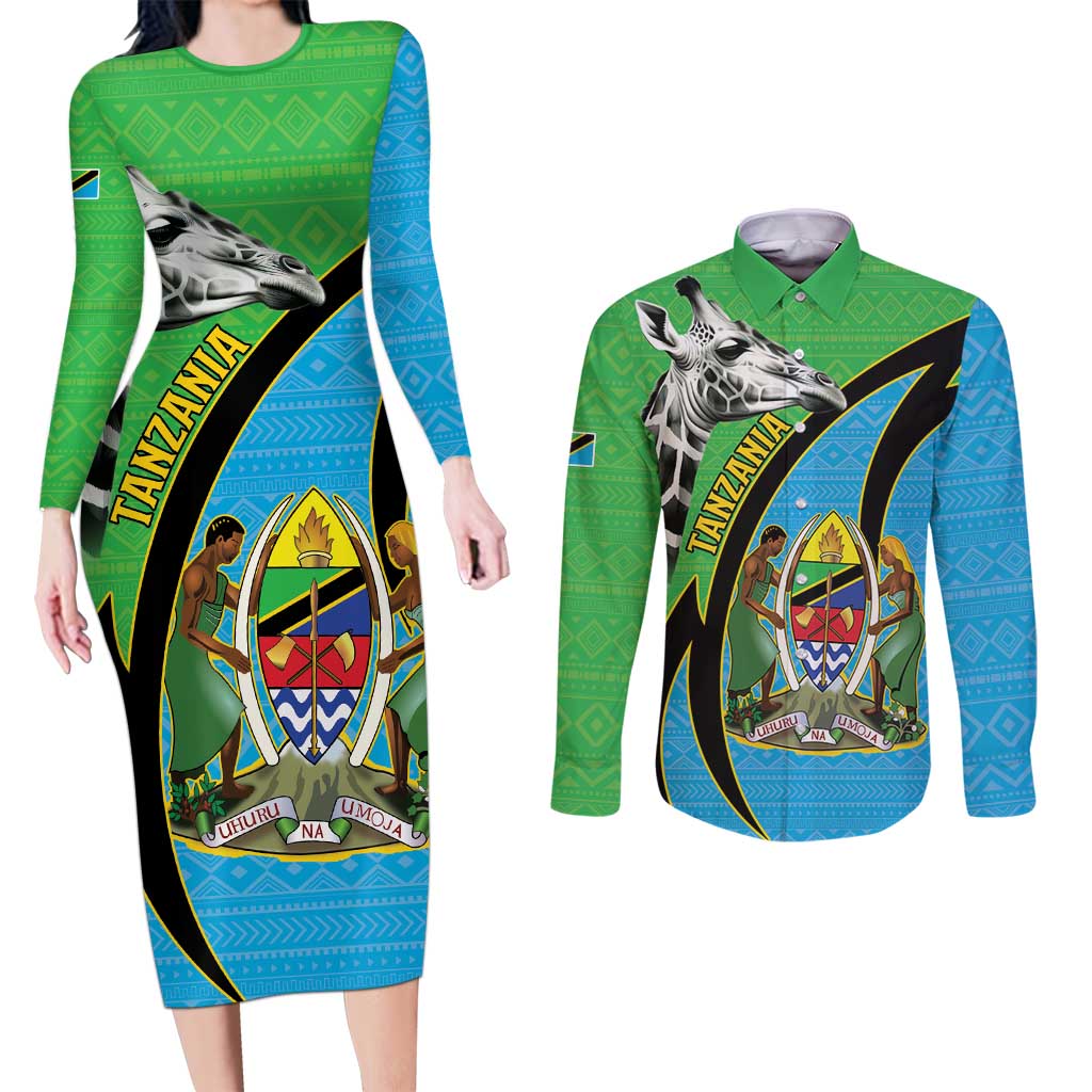 Tanzania Giraffe Couples Matching Long Sleeve Bodycon Dress and Long Sleeve Button Shirt Coat Of Arms African Pattern