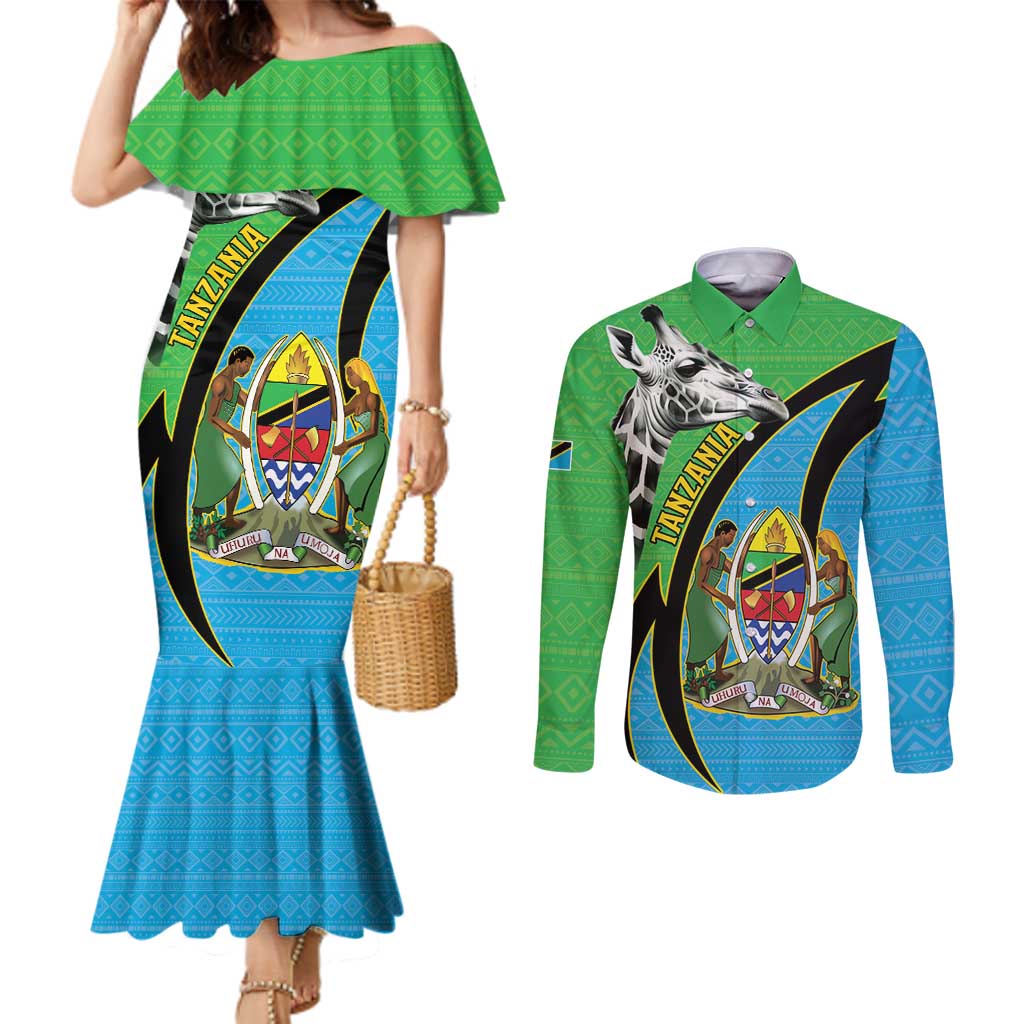 Tanzania Giraffe Couples Matching Mermaid Dress and Long Sleeve Button Shirt Coat Of Arms African Pattern