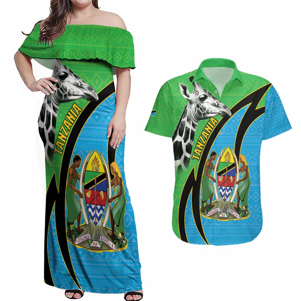 Tanzania Giraffe Couples Matching Off Shoulder Maxi Dress and Hawaiian Shirt Coat Of Arms African Pattern