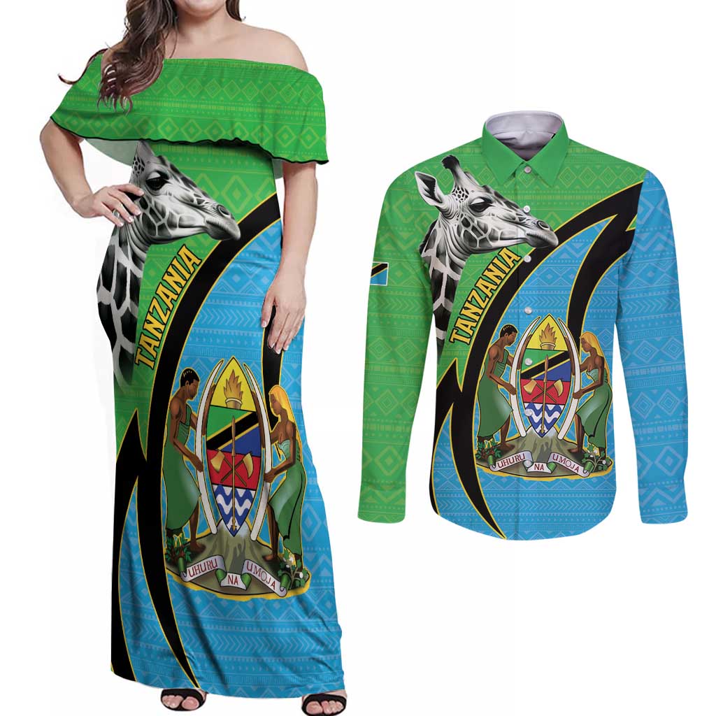 Tanzania Giraffe Couples Matching Off Shoulder Maxi Dress and Long Sleeve Button Shirt Coat Of Arms African Pattern