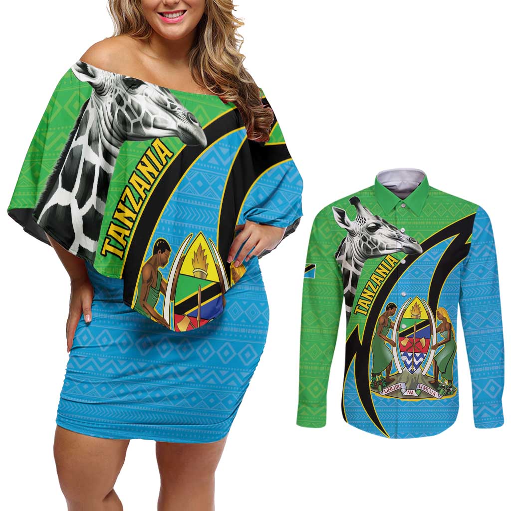 Tanzania Giraffe Couples Matching Off Shoulder Short Dress and Long Sleeve Button Shirt Coat Of Arms African Pattern