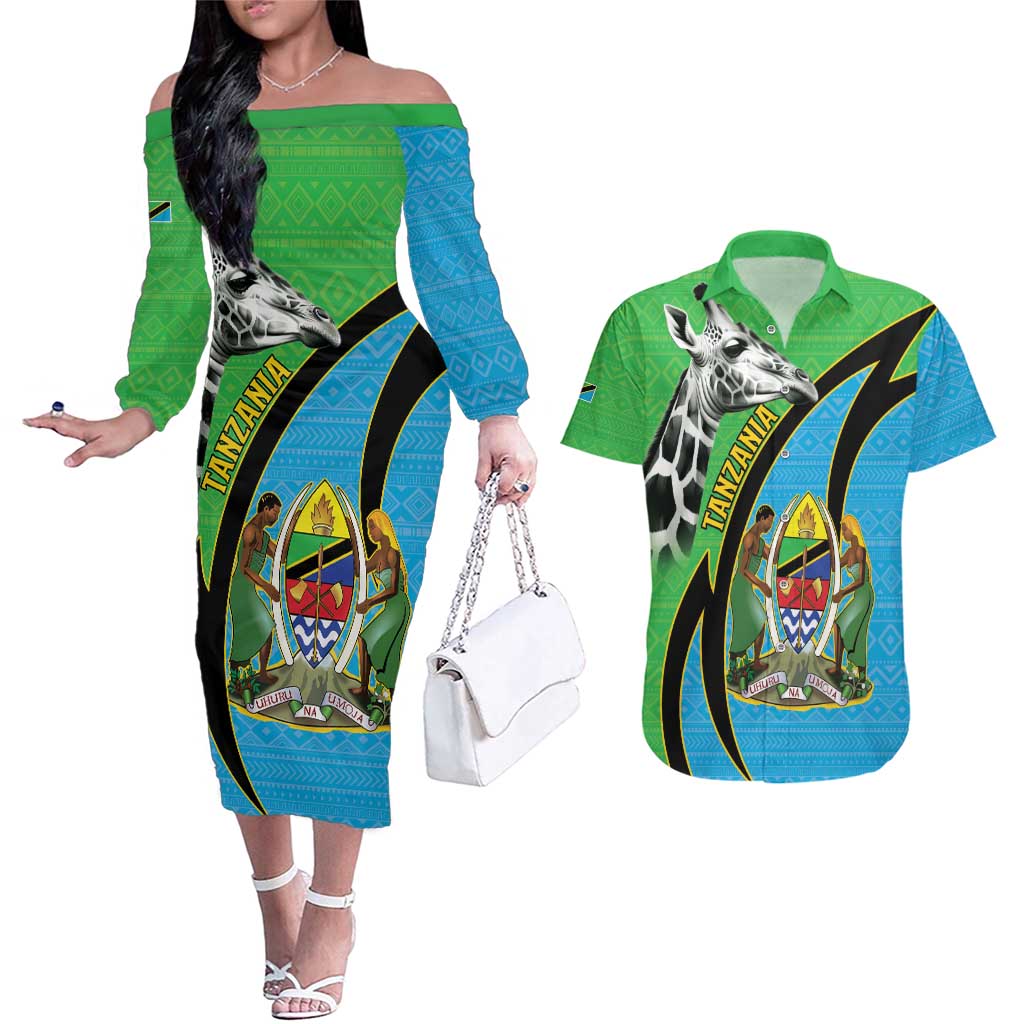 Tanzania Giraffe Couples Matching Off The Shoulder Long Sleeve Dress and Hawaiian Shirt Coat Of Arms African Pattern